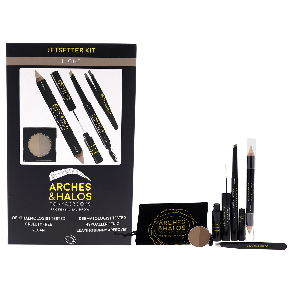 Arches and Halos Jetsetter Brow Kit - Light by Arches and Halos for Women - 6 Pc 1 Pc Tweezer, 0.012 oz Pencil, 0.088 oz Powder, 0.176 oz Crayon, 0.176 Gel , Make Up Bag