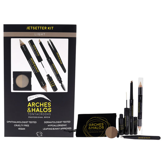 Arches and Halos Jetsetter Brow Kit - Light by Arches and Halos for Women - 6 Pc 1 Pc Tweezer, 0.012 oz Pencil, 0.088 oz Powder, 0.176 oz Crayon, 0.176 Gel , Make Up Bag