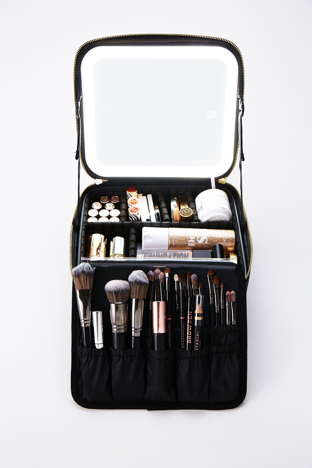Flawless makeup on the go with a built-in LED mirror, adjustable lighting, and smart storage compartments.